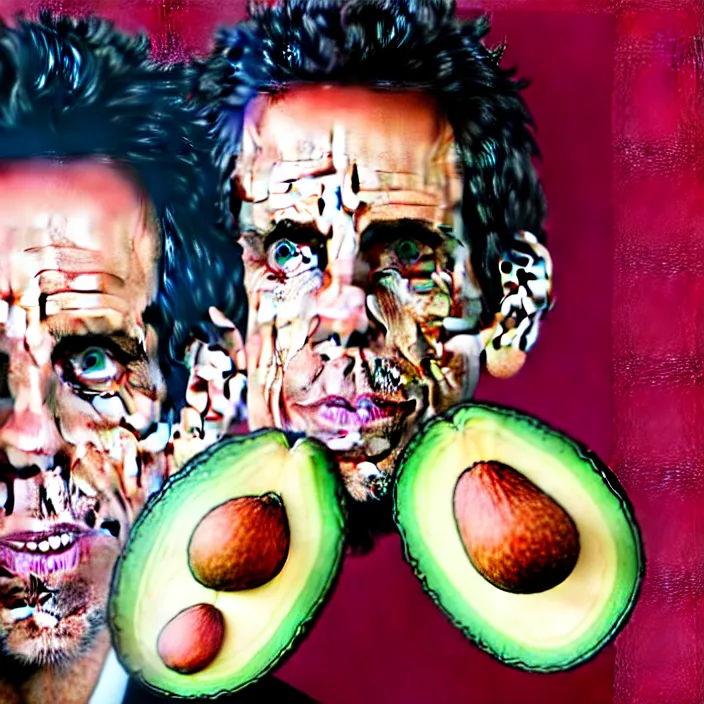 Prompt: ultra realistic illustration of ben stiller in the shape of an a ocado, centered, double exposure, in the lotus position meditating with closed eyes, balancing stack of avocado, symmetrical, beautiful painting