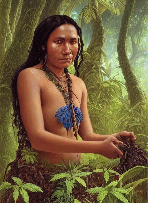 Image similar to a beautiful close up portrait of an indigenous woman harvesting medicinal plants in the jungle, highly detailed, art by christophe vacher
