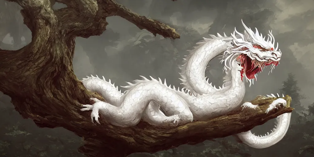 Image similar to a white chinese dragon lie on a old tree by yang qi 9 1 7, 4 k, matte paint, concept art, sharp detail, artstation