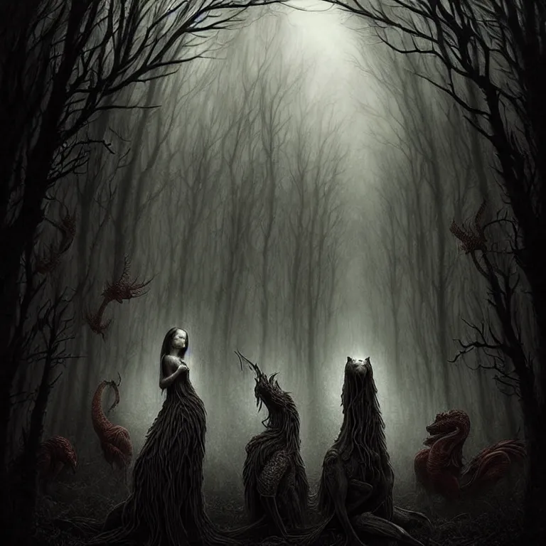 Image similar to epic professional digital art of eerie mystical creatures, moody atmospheric lighting, painted, intricate, detailed, foreboding, by leesha hannigan, wayne haag, reyna rochin, ignacio fernandez rios, mark ryden, iris van herpen,, epic, stunning, gorgeous, much wow, cinematic, masterpiece.