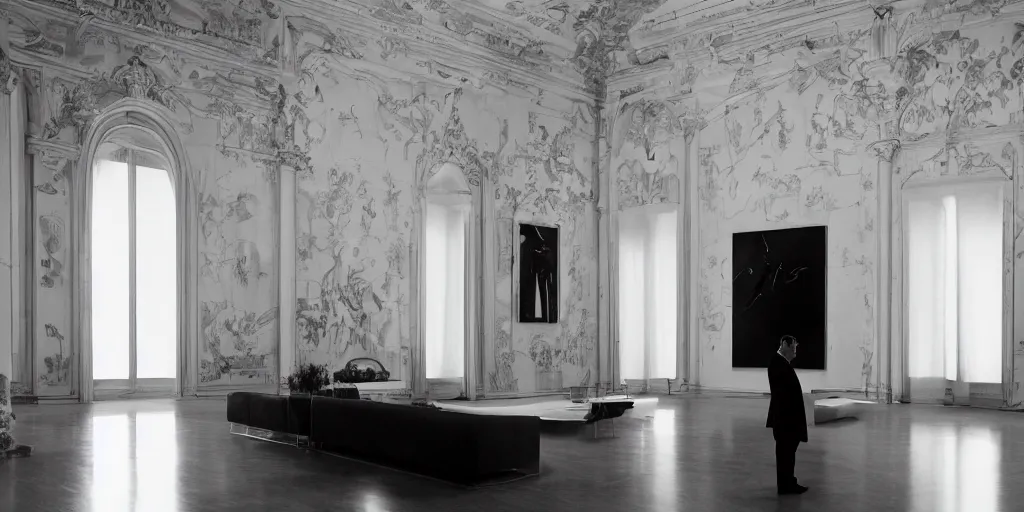 Image similar to Batman standing in giant Italian modern castle living room, clean minimalist design, that is 1300 feet tall, with very tall giant walls filled with modern art paintings, doors that are cosmic portals, photo by Annie Leibovitz