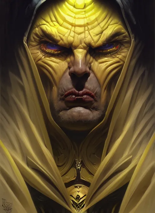 Prompt: portrait of a truly evil sith, yellow eyes, enraged, muscular, dark evil robes, intricate, elegant, highly detailed, digital painting, artstation, concept art, smooth, sharp focus, illustration, art by artgerm and greg rutkowski and alphonse mucha