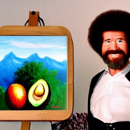 Image similar to bob ross embedded in an avocado, surrealist painting