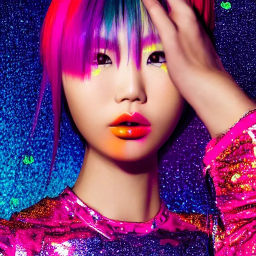 Image similar to japanese model with maximalist hair style and makeup, bright colors, fashion model, portrait shot, glitter, depth of field, 8 k, hyper detailed, intricate, trending on artstation