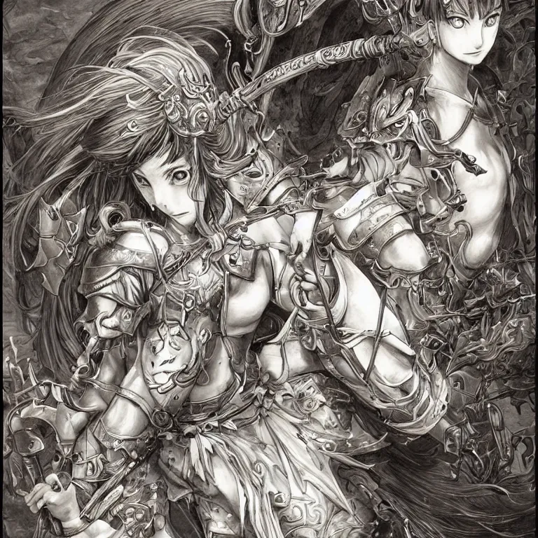 Prompt: young goddess, realistic proportions, beautiful face, in goldfish armor, wielding a fish sword, symmetrical, highly detailed, engraving kentaro miura manga art style