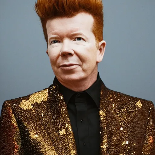 Prompt: a portrait of rick astley with background scenery by juergen teller, iris van herpen