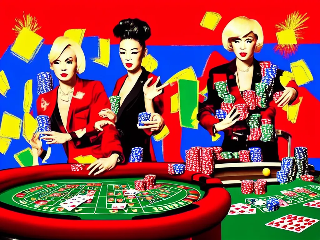 Image similar to hyper - realistic composition of a room in a casino with an extremely detailed poker table, croupier standing nearby fireworks in the background, pop art style, jackie tsai style, andy warhol style, acrylic on canvas