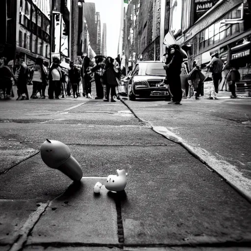 Image similar to black and white street photograph on a street in new york city on a busy day with a shattered ceramic garden gnome. 8k resolution.