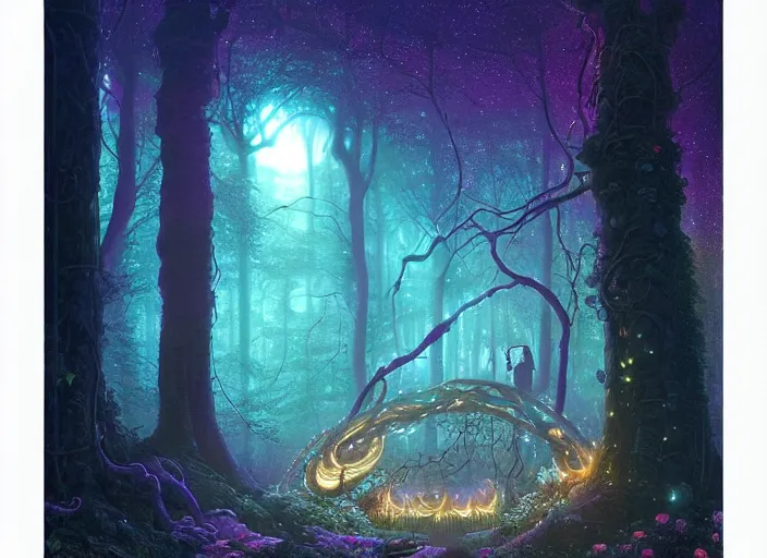 Prompt: cosmic portal in an enchanted forest at night, swirling magical glowing light portal, ferdinand knab, alena aenami, dan mumford