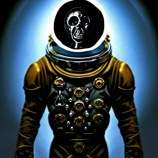 Prompt: full-body dark creepy baroque style oil painting realism a decapitated astronaut with futuristic elements. he welcomes you under with no head, empty helmet inside is occult mystical symbolism headless full-length view. standing on ancient altar eldritch energies lighting forming around disturbing frightening intricate renaissance, digital illustration hyper realism, 8k, depth of field, 3D