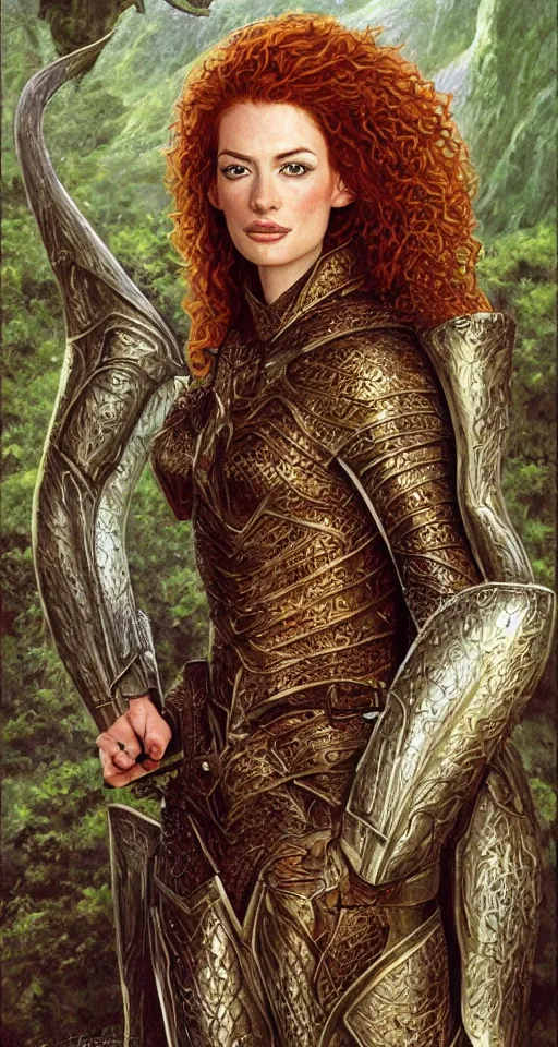 Prompt: Detailed painting of a curly redhead anne hathaway wearing elven armor portrait by Ted Nasmith