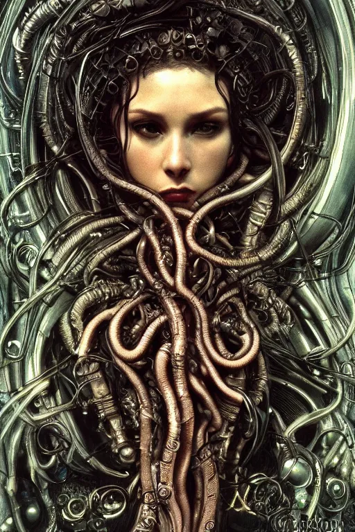 Image similar to Cyberpunk medusa, dark atmosphere, cinematic shot, intricate, ornate, photorealistic, ultra detailed, realistic, 35mm, photography, neon, octane, high definition, depth of field, bokeh, 8k, artstation, ((alphonse mucha)), (hr giger)