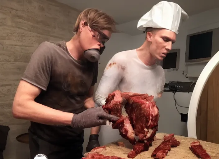 Image similar to Jerma putting a person in a meat grinder in a basement
