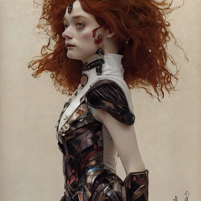 Prompt: sadie sink domme mistress, full body, dominatrix, tribal, smooth white tight clothes suit, ornate, very beautiful, concept art, realistic painting, androgynous, afrofuturism, daz 3 d, cinematic, cgsociety, digital art by greg rutkowski, by alphonse mucha