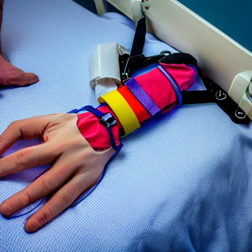 Prompt: crazy clown strapped in hospital bed with wrist restraints on, restraints have fabric straps attached to hospital bed, photograph, 8 k