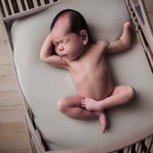 Prompt: humongus muscles bodybuilder baby sleeping in a crib, newborn picture, barrel chested, rippling muscles, huge veins, bulging muscles, ripped, award winning photography, high detail