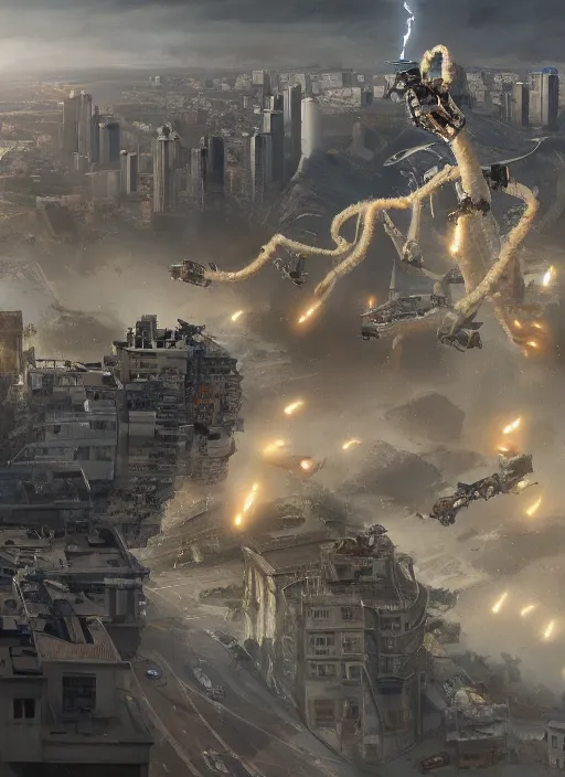 Image similar to hyper realistic squid shaped robot attacking cape town city, table mountain explosions, atmospheric beautiful details, strong composition drawn in ink by kim jung giu weta studio rutkowski, james gurney and greg rutkowski, and lucasfilm