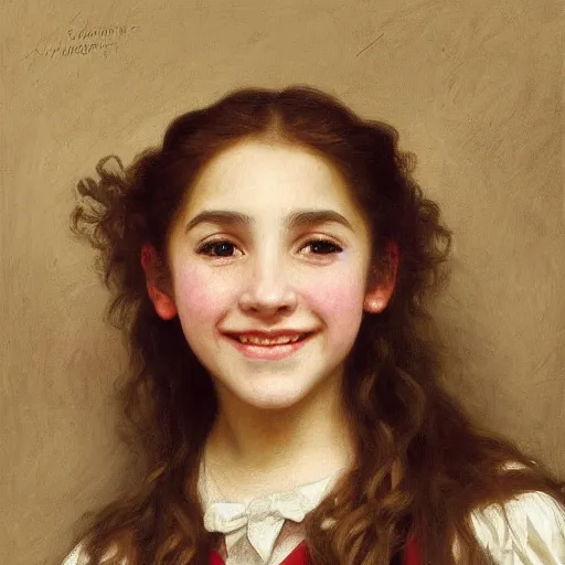 Prompt: painting of claudia vega as hermione granger. smiling. happy. cheerful. art by william adolphe bouguereau. extremely detailed. beautiful. 8 k. award winning.