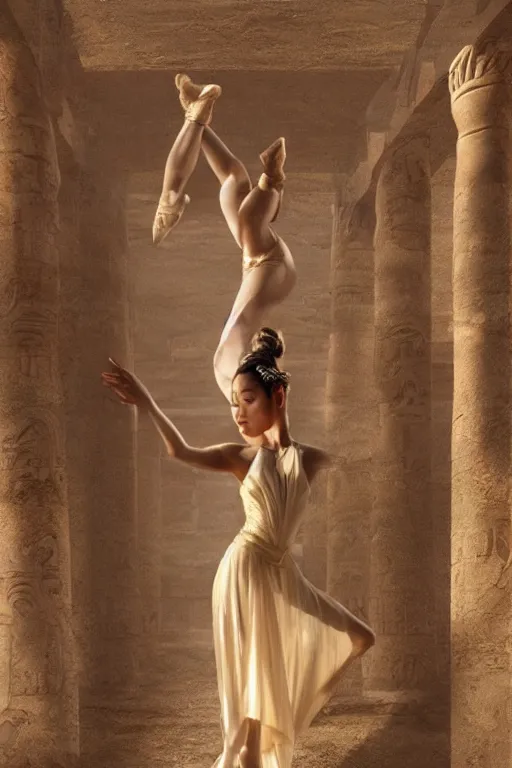 Image similar to stunningly beautiful, filipina prima ballerina in egyptian ruins, symmetrical face, golden hour, smooth, focus, highly detailed, hyper realistic, dramatic lighting, elegant, intricate, concept art, art by wlop, mars ravelo, greg rutowski, artstation