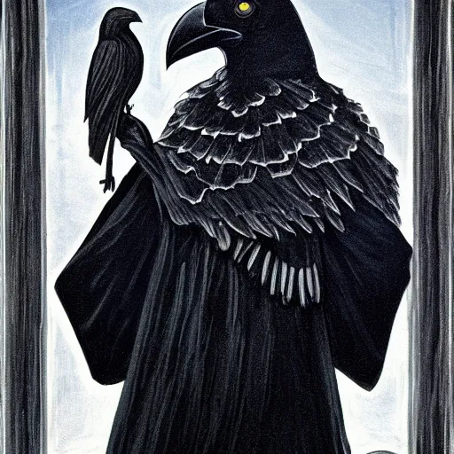 Image similar to portrait of a raven in a vantablack cloak and holding a symbolic weapon. portrait hung up in a windows 9 8 castle. r / oldschoolfantasy