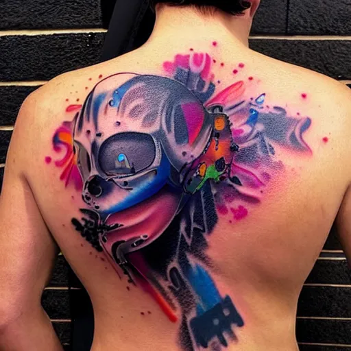 Image similar to backside on the shoulders is a tattoo of a 3 d hole in the skin with soft multicolored 3 d robotic mechanics and glowing computerparts and cables inside under the skin, insanely integrate,