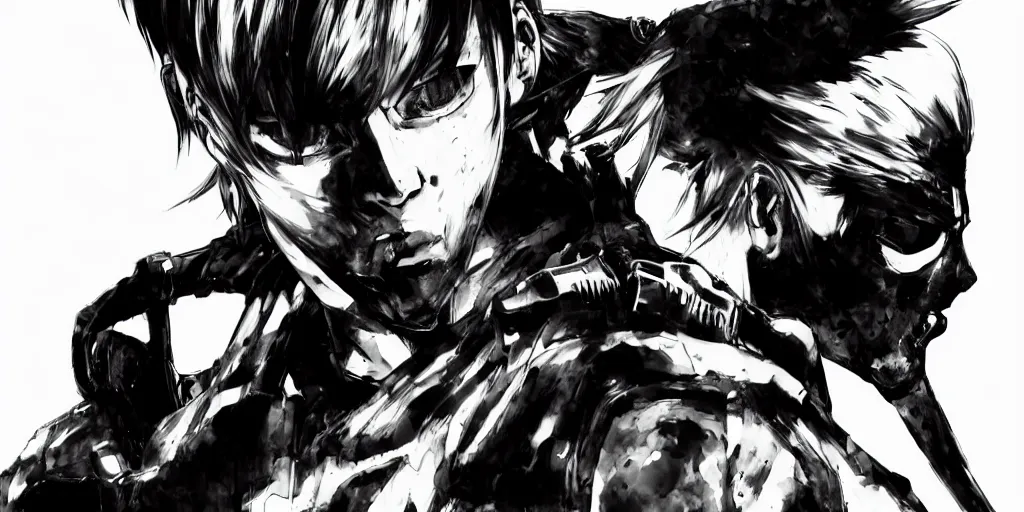 Image similar to a full - body portrait of denji from chainsaw man, in yoji shinkawa's art style, metal gear solid art style, manga, highly detailed, 4 k, artistic, white background, b & w