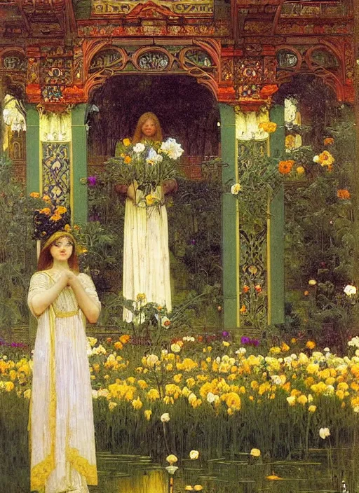 Image similar to the grand temple of flowers, by thomas cooper gotch and frederick arthur bridgman. pre raphaelite, art nouveau, fantasy architecture, symmetry