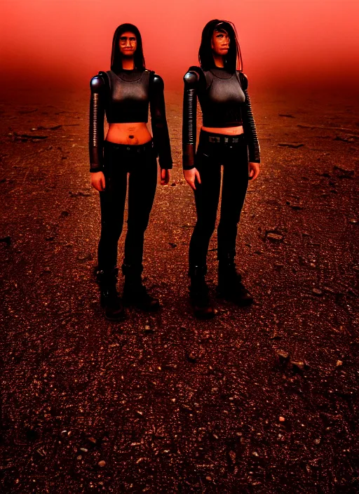 Image similar to cinestill 5 0 d photographic portrait of two loving female androids wearing rugged black techwear on a desolate plain with a red sky, extreme closeup, lizard on ground, cyberpunk style, in front of a brutalist dark metal facility, dust storm, 8 k, hd, high resolution, 3 5 mm, f / 3 2, ultra realistic faces