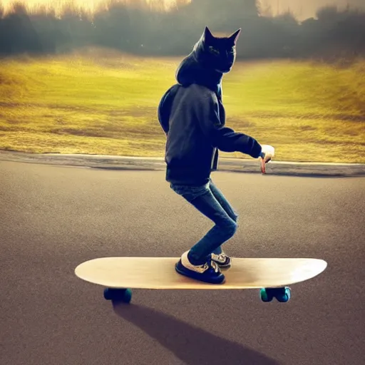 Image similar to cat with hoodie riding a skateboard, 4k realistic photo