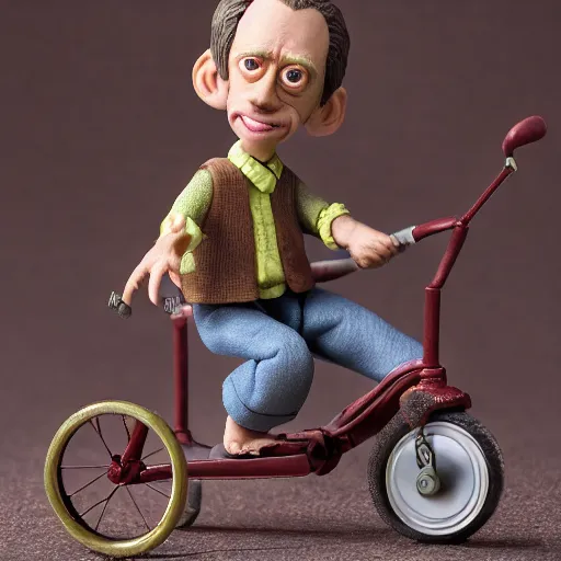 Image similar to product photography of a claymation action figure steve buscemi riding a children's tricycle, depth of field, zeiss lens, detailed, centered, by nicoletta ceccoli, mark ryden, erwin olaf, earl nore, frank frazetta, breathtaking, 8 k resolution, extremely detailed, beautiful, establishing shot, hyperrealistic