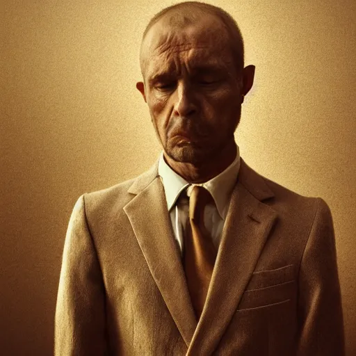 Image similar to Photo of a stern man in a beige peak lapel suit with a sad and melancholic look, grieving, chiaroscuro, facing the camera, closeup shot, cinematic promo material, by Beksiński Zdzisław