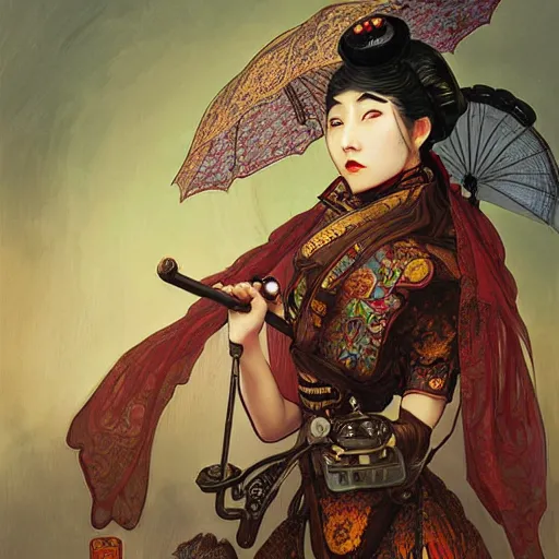 Image similar to steampunk Chinese lady with umbrella, detailed, digital painting, concept art, smooth, sharp focus, illustration, art by Sam Spratt, Dan Mumford, Artem Demura and Alphonse Mucha