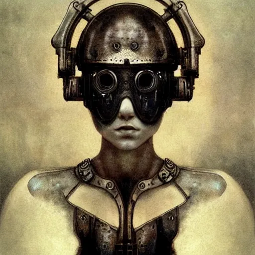 Prompt: Cute steampunk cyberpunk girl portrait with mask by Beksinski