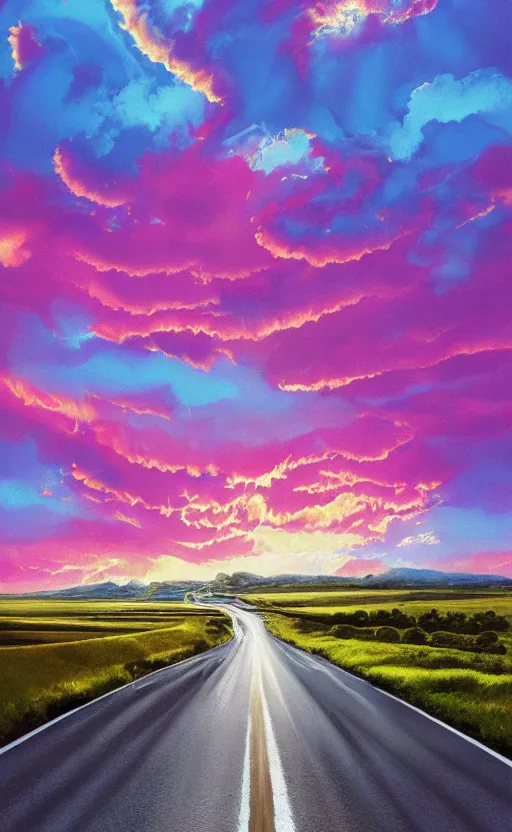 Prompt: paperback book cover. 1 9 8 0 s. pure colors, melting clouds, accurately drawn details, a sunburst above a receding road with the light reflected in furrows and ruts, after rain. photorealistic. octane render. cinematic. trending on artstation. textless.