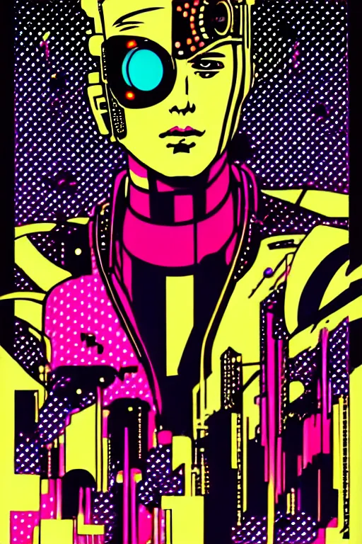 Image similar to futuristic japanese cyberpunk by roy lichtenstein, by andy warhol, ben - day dots, pop art, bladerunner, pixiv contest winner, cyberpunk style, cyberpunk color scheme, mechanical, high resolution, hd, intricate detail, fine detail, 8 k