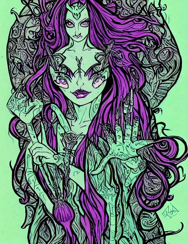 Prompt: luna moth sorceress. this heavily stylized marker piece by the indie comic artist has interesting color contrasts, plenty of details and impeccable lighting.