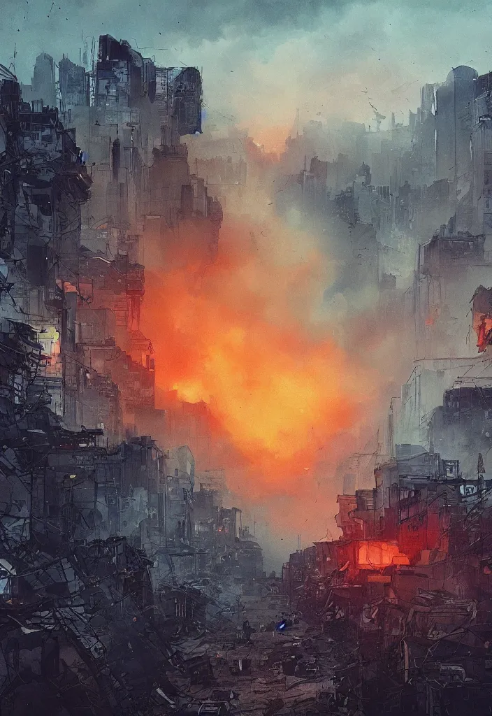 Image similar to crying humans, scared humans, panic, scene with a few (((zombies))) walking, destroyed city at the background, some smoke and fire, blue sky with dramatic clouds, line art, ink, watercolor by Kilian Eng and by Jake Parker, heavy brushstrokes, winning-award masterpiece, fantastic, octane render, 8K HD Resolution, High quality image