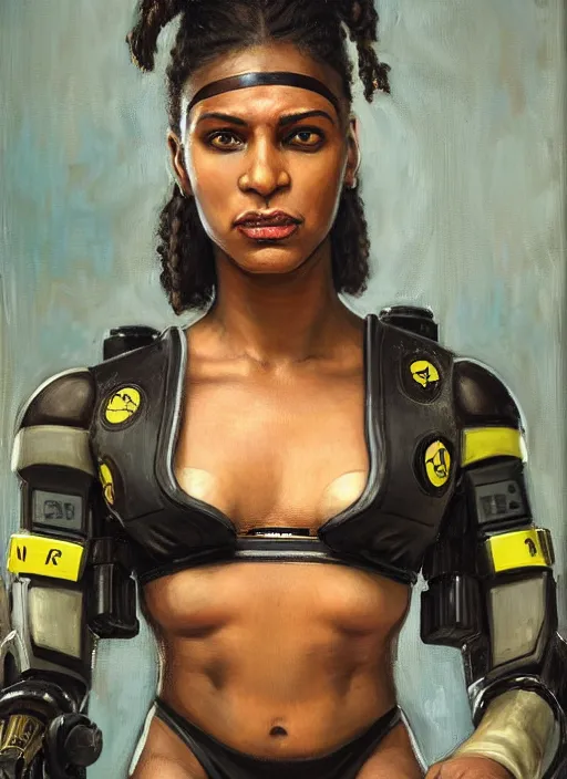 Image similar to Maria Igwe. Buff Cyberpunk policewoman with robotic legs. (Cyberpunk 2077, bladerunner 2049). beautiful face. Iranian orientalist portrait by john william waterhouse and Edwin Longsden Long and Theodore Ralli and Nasreddine Dinet, oil on canvas. Cinematic, vivid colors, hyper realism, realistic proportions, dramatic lighting, high detail 4k