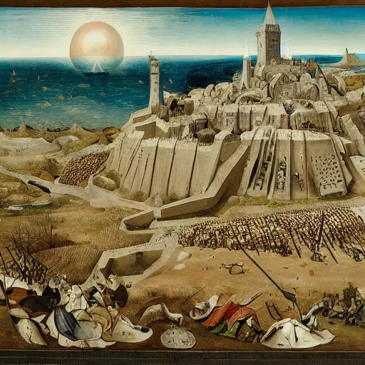 Image similar to Minas Tirith by Bruegel and Hokusail, masterpiece