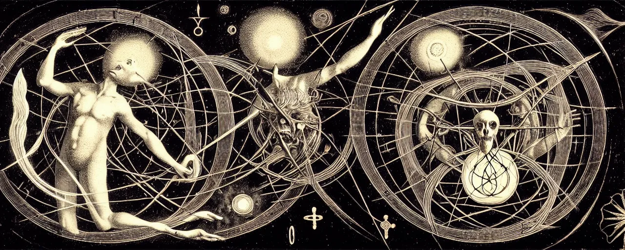 Image similar to a strange alchemical homunculus sings a unique canto about'as above so below'to the cosmos, while being ignited by the spirit of haeckel and robert fludd, breakthrough is iminent, glory be to the magic within, in honor of saturn, painted by ronny khalil