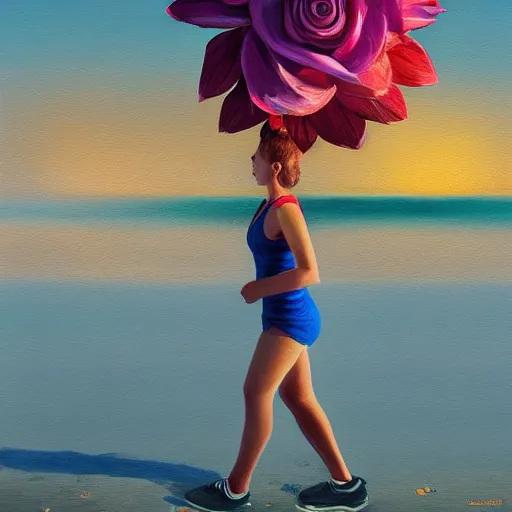 Image similar to portrait, giant rose flower head, girl running at the beach, surreal photography, sunrise, blue sky, dramatic light, impressionist painting, digital painting, artstation, simon stalenhag