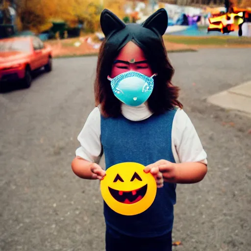 Prompt: polaroid photo of a kid on halloween wearing an emoji mask