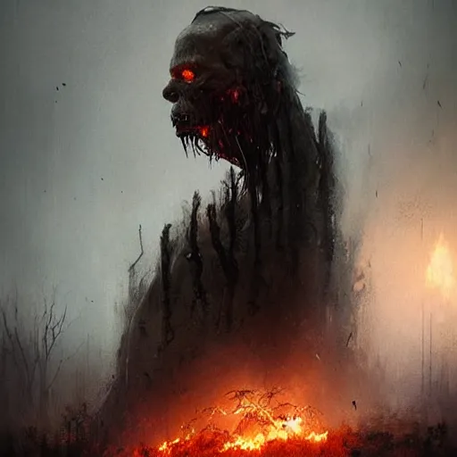 Image similar to a beautiful terrifying monster of ash and smoke, eyes and mouth glowing like burning embers. ethereal horror fantasy art by greg rutkowski