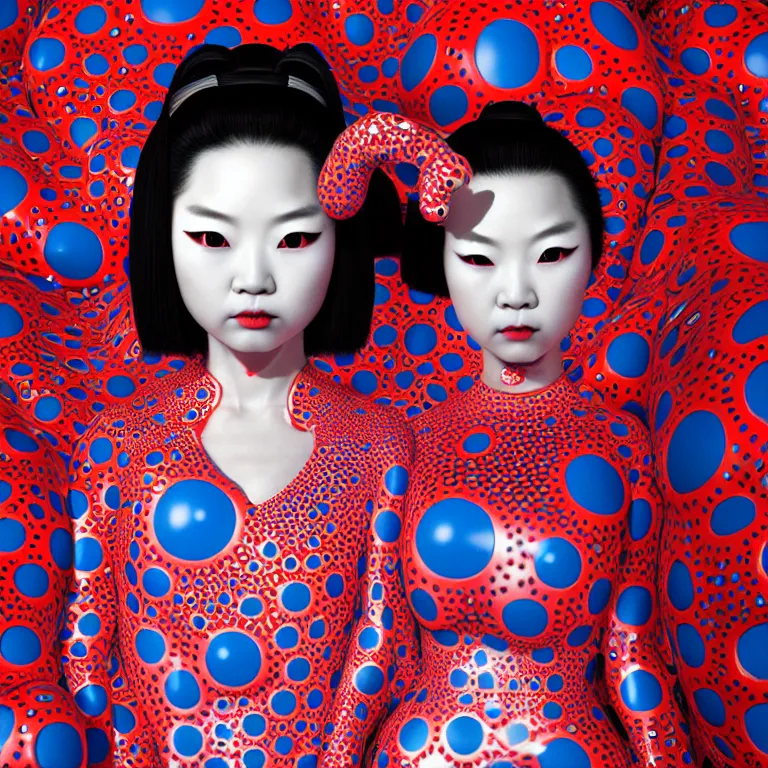 Image similar to hyperrealistic detailed image of a geisha in a art installation room, hd smooth interior by yayoi kusama, part by kei mieno, part by ross tran, dark art by james jean, ultra realistic, highly detailed, life like face, detailed body, 8 k, 3 d render by roger magrini, masterpiece