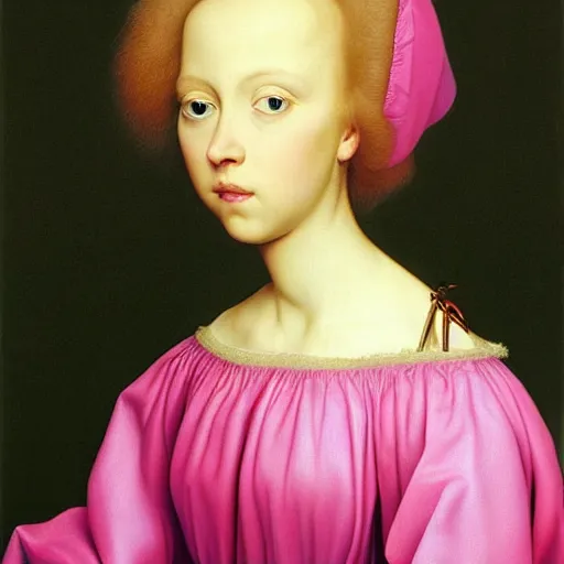 Image similar to beautiful blonde princess in pink dress, hyperrealism oil painting, jan van eyck