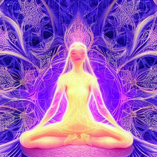 Prompt: glowing cracks, elven princess, meditating, peaceful, levitating, powerful, blossoming, lotus pose, zen, glowing, fractal background, ascending, detailed, realistic, digital art, fantasy, trending on artstation, cinematic, movie clip, visionary art, intricate pattern, subtle pattern, detailed texture, fractal texture, flowing, engraved texture, sacred geometry pattern, symmetry, perfect, perfect face, facial beauty, pretty, attractive, by peter morhbacher, dmt temple, godlike, pearlescent, matte painting, highly detailed painting