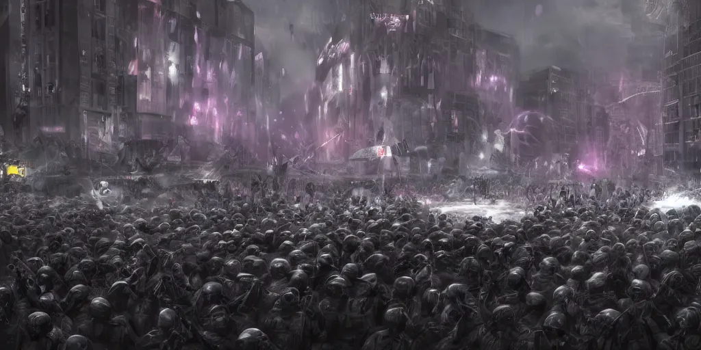 Prompt: black army protecting a very detailed spiral - shaped bright white luminous attractor right in the center of the city from protesting people, crawd of people, rain and light fog, professional lighting, concept art in 3 d, high detail, professional lighting, unreal engine