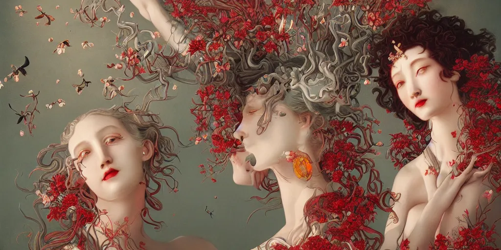 Image similar to breathtaking detailed concept art painting art deco pattern of red short curly hair faces goddesses amalmation flowers with anxious piercing eyes and blend of flowers and birds, by hsiao - ron cheng and john james audubon, bizarre compositions, exquisite detail, extremely moody lighting, 8 k