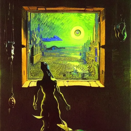 Prompt: A mean thief steals two expensive and fresh NVIDIA GPUs - contest-winning artwork by Salvador Dali, Beksiński, Van Gogh, Giger, and Monet. Stunning lighting