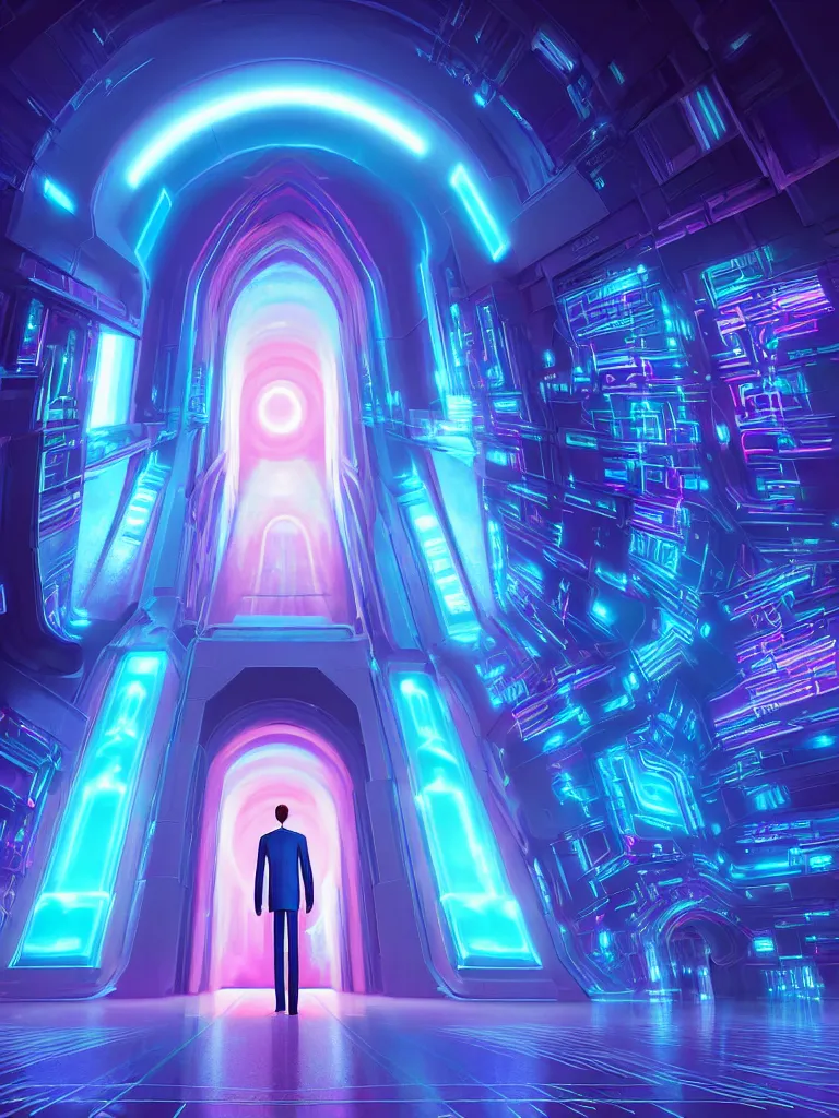 Image similar to symmetrical entrance to mainframe ethereal realm, ai sentient, octane render, symmetrical composition, dreamy colorful cyberpunk colors, 6 point perspective, fantasy landscape with anthropomorphic terrain in the styles of igor morski, jim warren and rob gonsalves, intricate, hyperrealistic, volumetric lighting, neon ambiance, distinct horizon